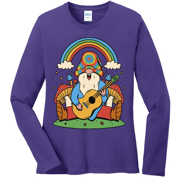 Gnome Hippie Rainbow Guitar Ladies Long Sleeve Shirt