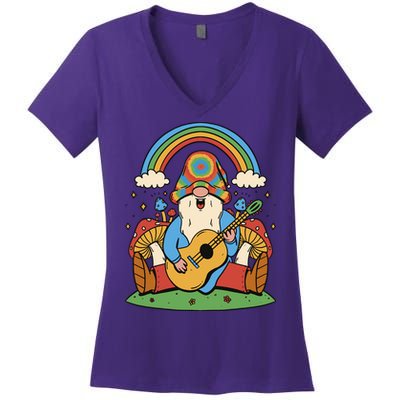Gnome Hippie Rainbow Guitar Women's V-Neck T-Shirt