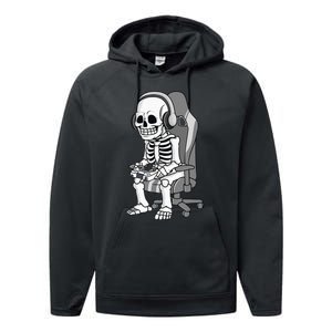 Gaming Halloween Skeleton Scary Gamer Performance Fleece Hoodie