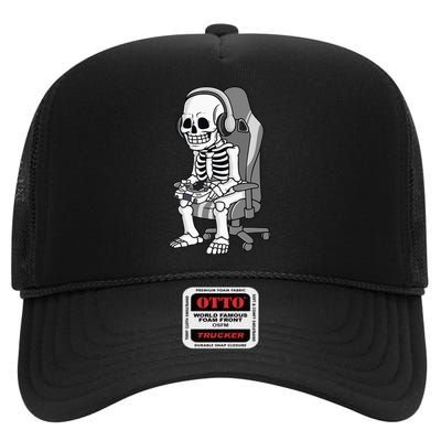 Gaming Halloween Skeleton Scary Gamer High Crown Mesh Back Trucker Hat