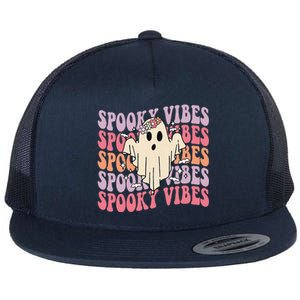 Groovy Halloween Spooky Vibes Retro Floral Ghost Costume Flat Bill Trucker Hat