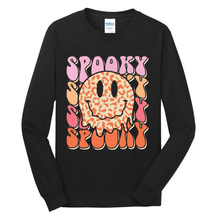 Groovy Halloween Spooky Leopard Smile Face Checkered Tall Long Sleeve T-Shirt