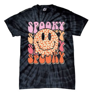 Groovy Halloween Spooky Leopard Smile Face Checkered Tie-Dye T-Shirt