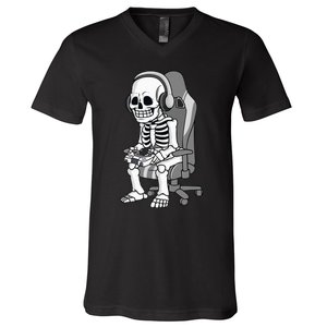 Gaming Halloween Skeleton Scary Gamer V-Neck T-Shirt