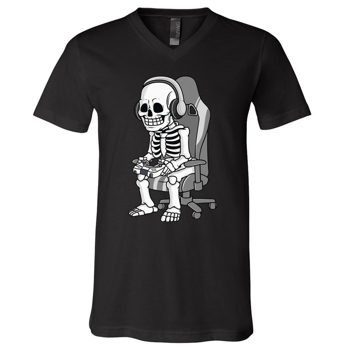 Gaming Halloween Skeleton Scary Gamer V-Neck T-Shirt