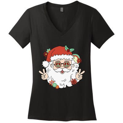 Groovy Hippy Santa Clause 80S Retro Christmas Design Gift Women's V-Neck T-Shirt