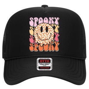 Groovy Halloween Spooky Leopard Smile Face Checkered High Crown Mesh Back Trucker Hat