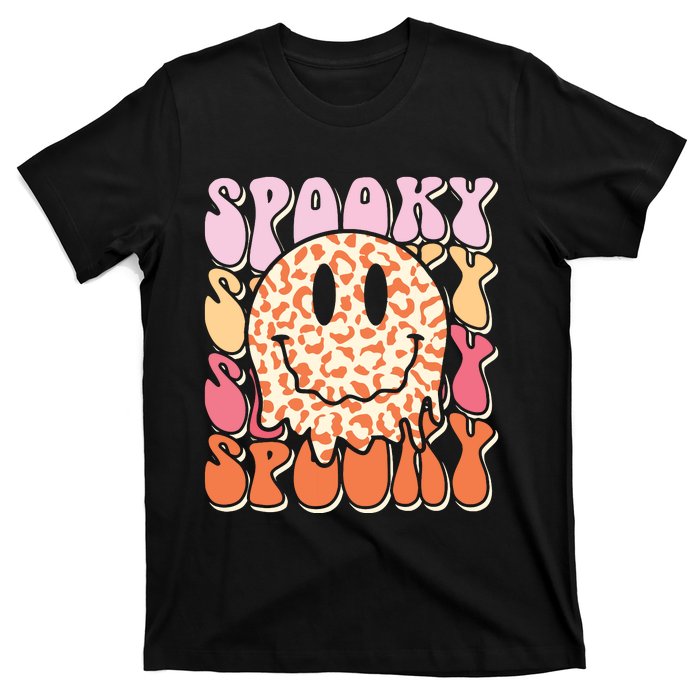 Groovy Halloween Spooky Leopard Smile Face Checkered T-Shirt