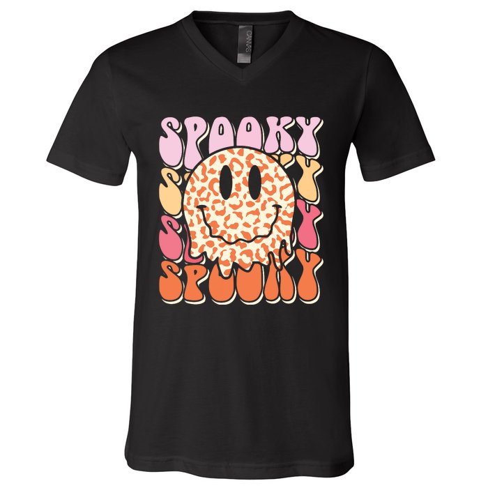 Groovy Halloween Spooky Leopard Smile Face Checkered V-Neck T-Shirt