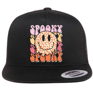 Groovy Halloween Spooky Leopard Smile Face Checkered Flat Bill Trucker Hat