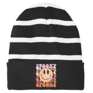 Groovy Halloween Spooky Leopard Smile Face Checkered Striped Beanie with Solid Band