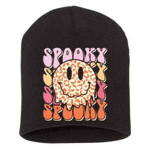 Groovy Halloween Spooky Leopard Smile Face Checkered Short Acrylic Beanie