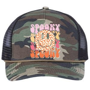 Groovy Halloween Spooky Leopard Smile Face Checkered Retro Rope Trucker Hat Cap