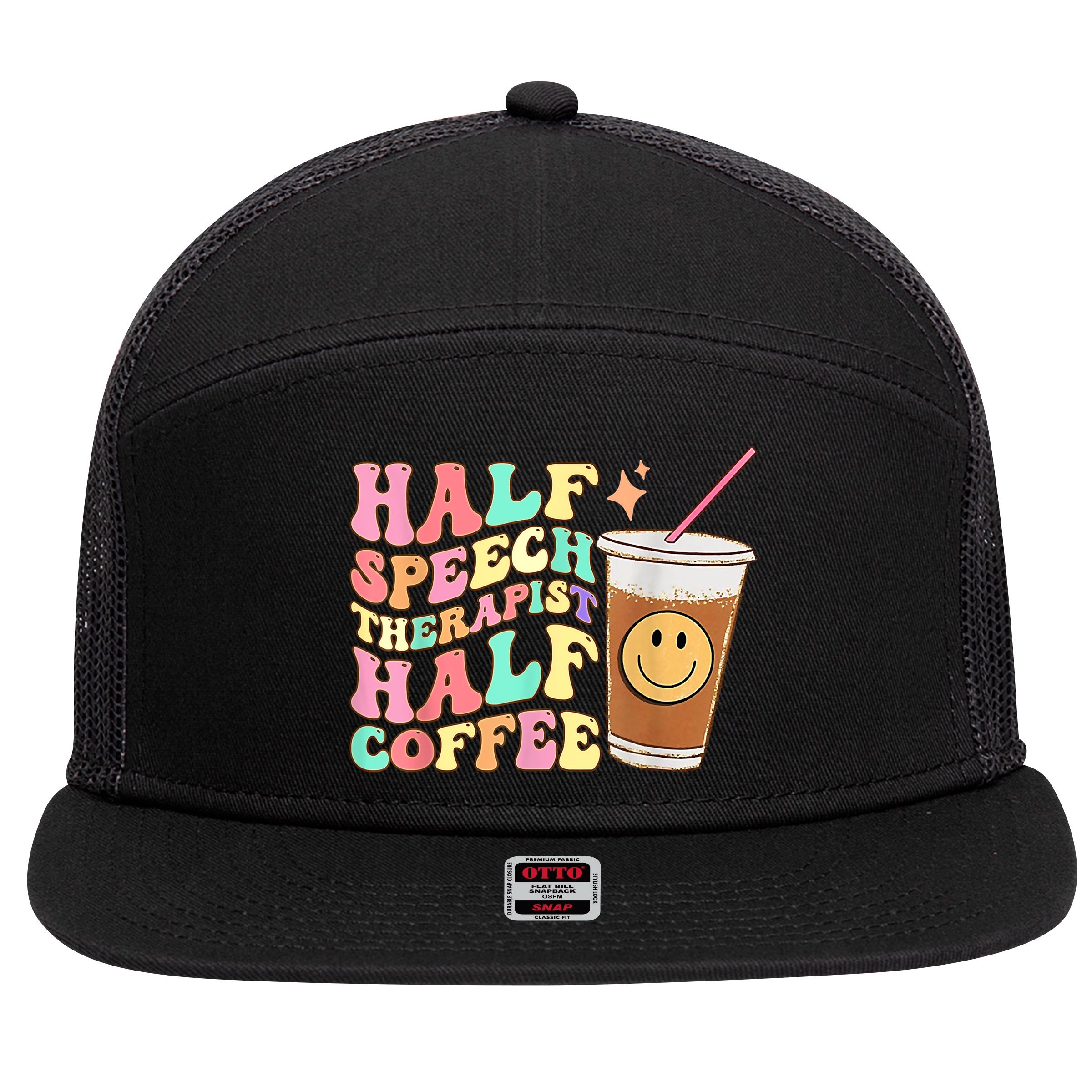 Groovy Half Speech Therapist Half Coffee SLP Speech Therapy 7 Panel Mesh Trucker Snapback Hat