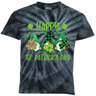 Gnomes Holding Shamrock Green Plaid Leopard St Patrick's Day Kids Tie-Dye T-Shirt