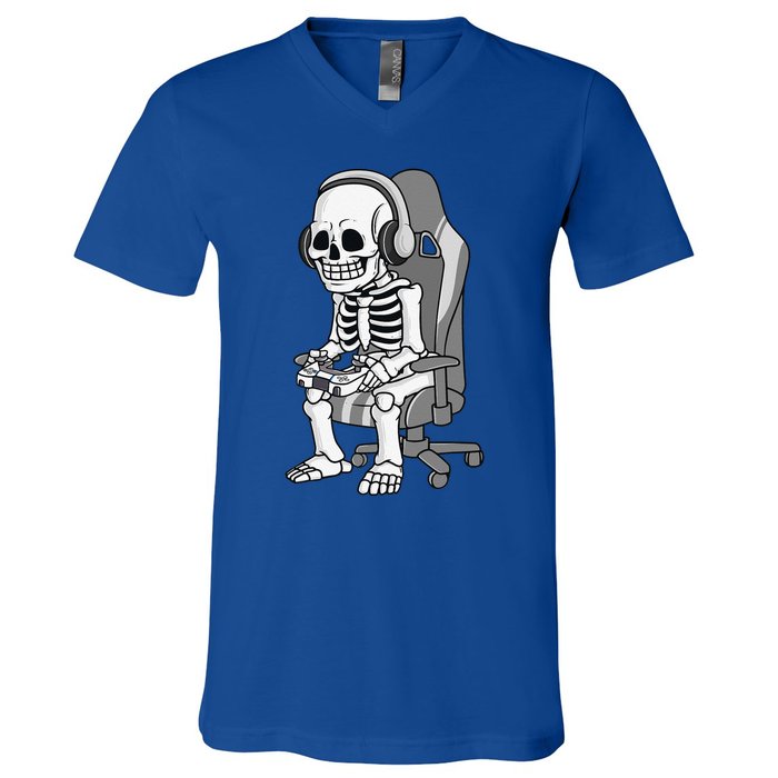 Gaming Halloween Skeleton Scary Gamer V-Neck T-Shirt