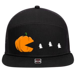 Gamer Halloween Scary Pumpkin Eating Ghost Gift 7 Panel Mesh Trucker Snapback Hat