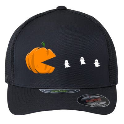 Gamer Halloween Scary Pumpkin Eating Ghost Gift Flexfit Unipanel Trucker Cap