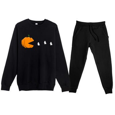 Gamer Halloween Scary Pumpkin Eating Ghost Gift Premium Crewneck Sweatsuit Set