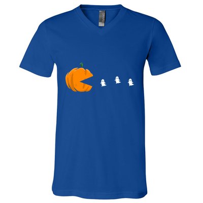 Gamer Halloween Scary Pumpkin Eating Ghost Gift V-Neck T-Shirt