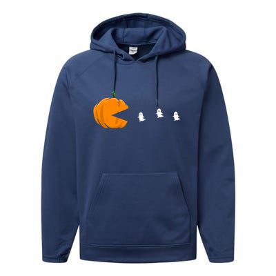 Gamer Halloween Scary Pumpkin Eating Ghost Gift Performance Fleece Hoodie