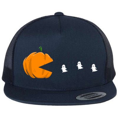 Gamer Halloween Scary Pumpkin Eating Ghost Gift Flat Bill Trucker Hat