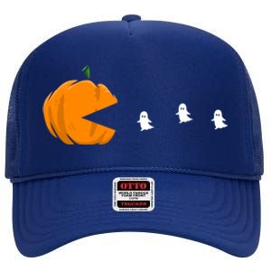 Gamer Halloween Scary Pumpkin Eating Ghost Gift High Crown Mesh Back Trucker Hat