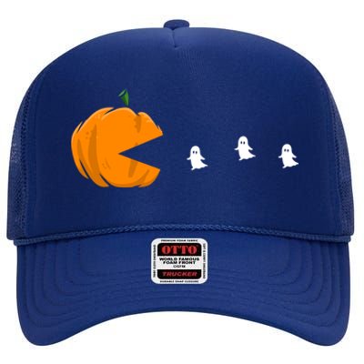 Gamer Halloween Scary Pumpkin Eating Ghost Gift High Crown Mesh Back Trucker Hat