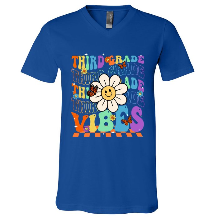 Groovy Hippie Smile Third Grade Vibes Back To School Gift V-Neck T-Shirt