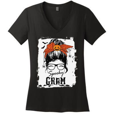 Gram Halloween Spooky Spider Messy Bun Hair Women's V-Neck T-Shirt