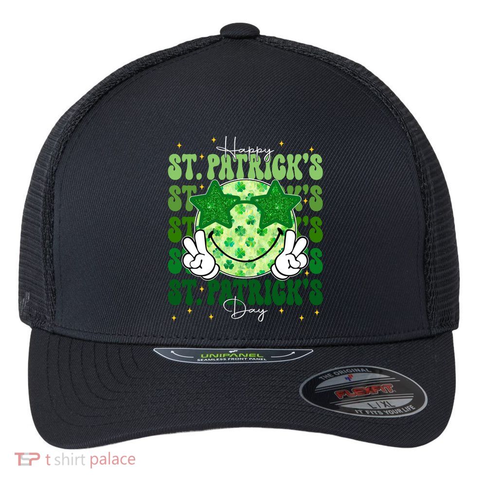 Groovy Happy St Patricks Day Shamrock Flexfit Unipanel Trucker Cap