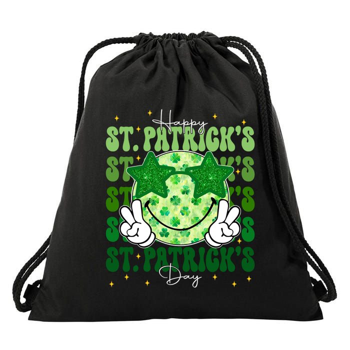Groovy Happy St Patricks Day Shamrock Drawstring Bag