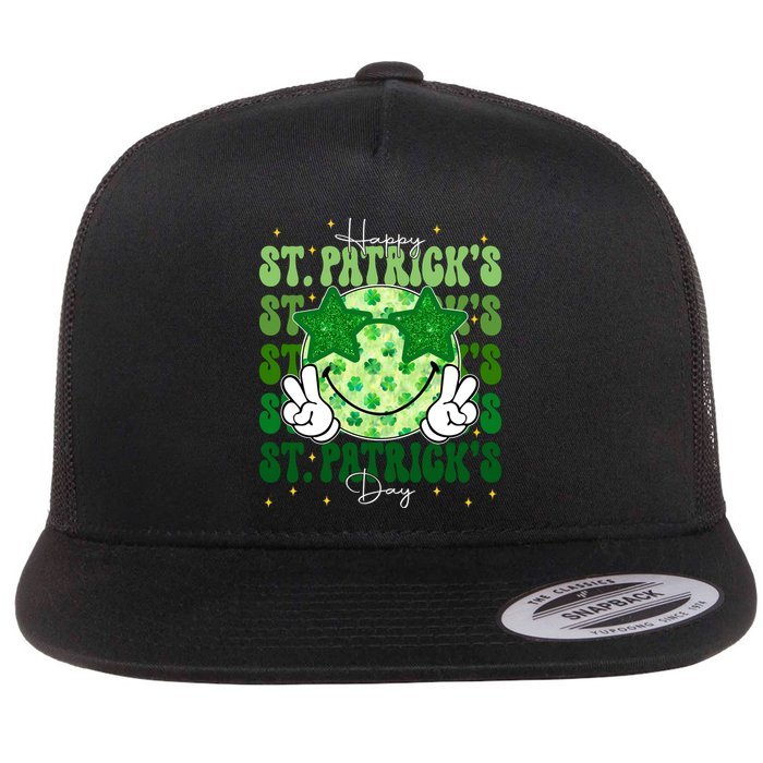 Groovy Happy St Patricks Day Shamrock Flat Bill Trucker Hat