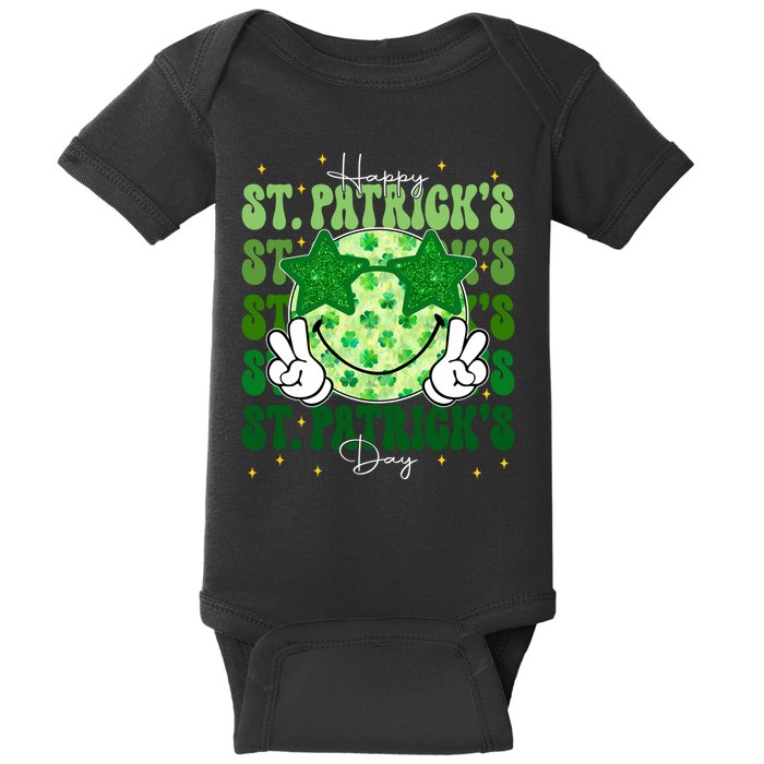 Groovy Happy St Patricks Day Shamrock Baby Bodysuit
