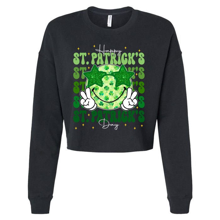 Groovy Happy St Patricks Day Shamrock Cropped Pullover Crew