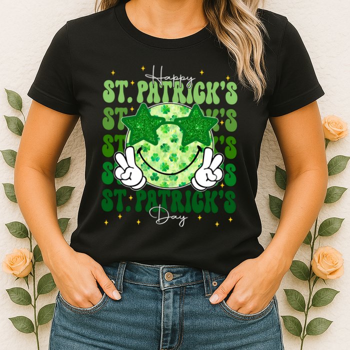 Groovy Happy St Patricks Day Shamrock Womens T-Shirt