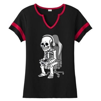 Gaming Halloween Skeleton Scary Gamer Ladies Halftime Notch Neck Tee