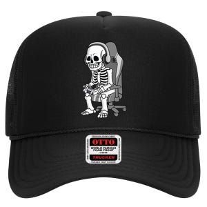 Gaming Halloween Skeleton Scary Gamer High Crown Mesh Back Trucker Hat