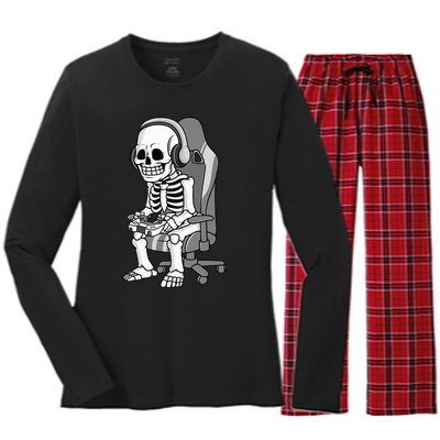 Gaming Halloween Skeleton Scary Gamer Women's Long Sleeve Flannel Pajama Set 