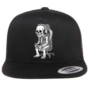 Gaming Halloween Skeleton Scary Gamer Flat Bill Trucker Hat