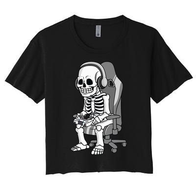 Gaming Halloween Skeleton Scary Gamer Women's Crop Top Tee