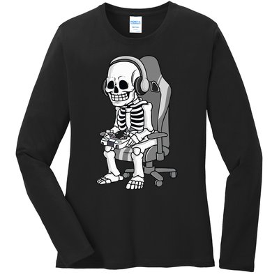 Gaming Halloween Skeleton Scary Gamer Ladies Long Sleeve Shirt