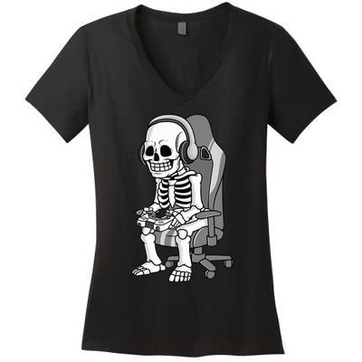 Gaming Halloween Skeleton Scary Gamer Women's V-Neck T-Shirt