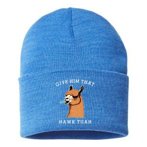 Give Him That Hawk Tuah Funny Sheep Viral Meme Sustainable Knit Beanie