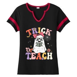 Groovy Halloween Trick Or Teach Retro Floral Ghost Teacher Ladies Halftime Notch Neck Tee