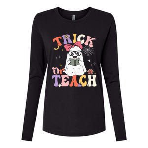 Groovy Halloween Trick Or Teach Retro Floral Ghost Teacher Womens Cotton Relaxed Long Sleeve T-Shirt