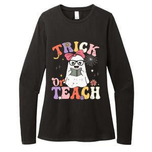 Groovy Halloween Trick Or Teach Retro Floral Ghost Teacher Womens CVC Long Sleeve Shirt