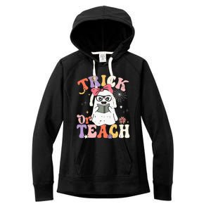 Groovy Halloween Trick Or Teach Retro Floral Ghost Teacher Women's Fleece Hoodie