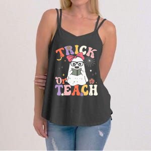 Groovy Halloween Trick Or Teach Retro Floral Ghost Teacher Women's Strappy Tank