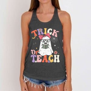 Groovy Halloween Trick Or Teach Retro Floral Ghost Teacher Women's Knotted Racerback Tank